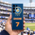 Blue Dhoni 7 mobile skin with orange lettering and gold cricket crest, handheld stadium view