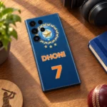 Blue Dhoni 7 mobile skin with orange lettering and gold cricket crest, sports lounge table