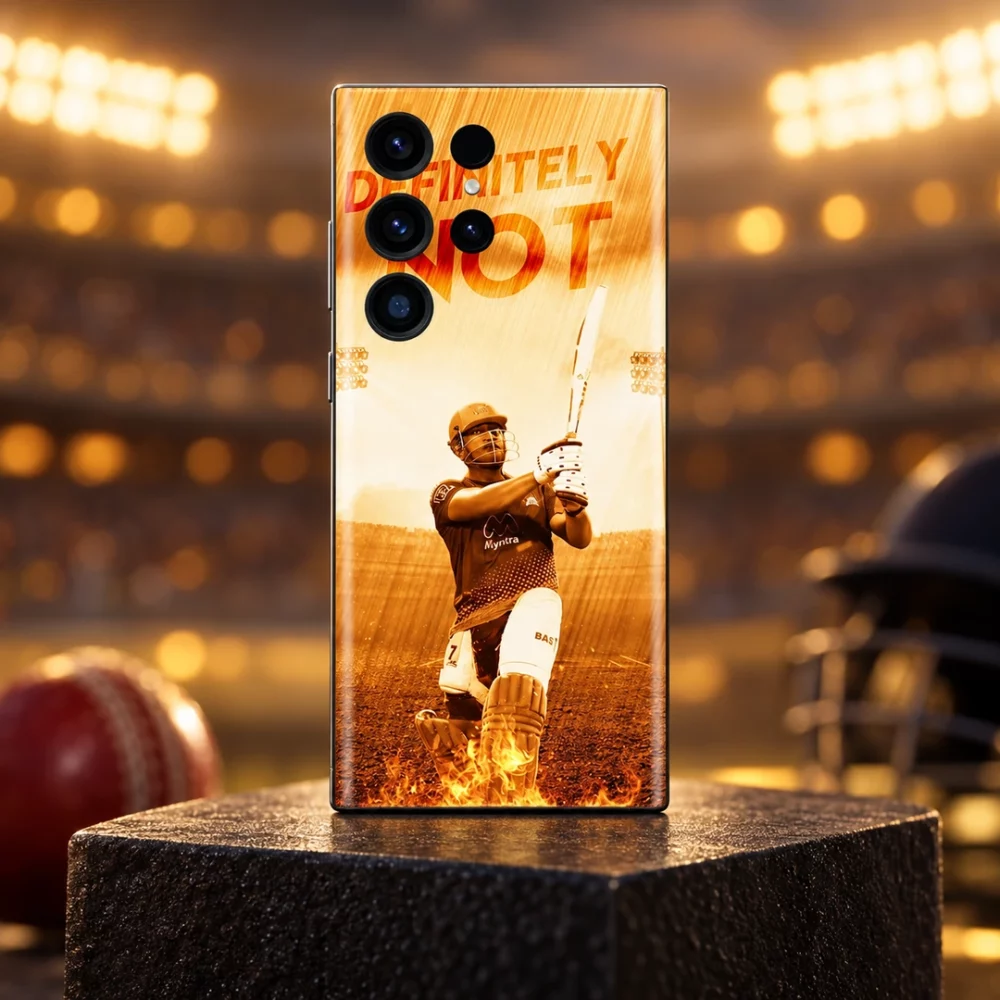 Dhoni mobile skin with Definitely Not quote and golden batting photo, golden stadium hero