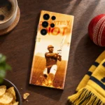 Dhoni mobile skin with Definitely Not quote and golden batting photo, cricket cafe flat lay
