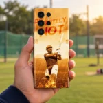 Dhoni mobile skin with Definitely Not quote and golden batting photo, handheld practice ground view