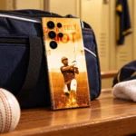 Dhoni mobile skin with Definitely Not quote and golden batting photo, kit bag bench view
