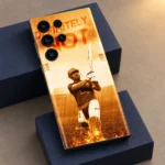 Dhoni mobile skin with Definitely Not quote and golden batting photo, navy block studio angle