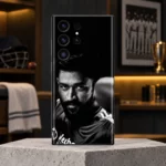Black mobile skin with monochrome MS Dhoni portrait, clubhouse hero