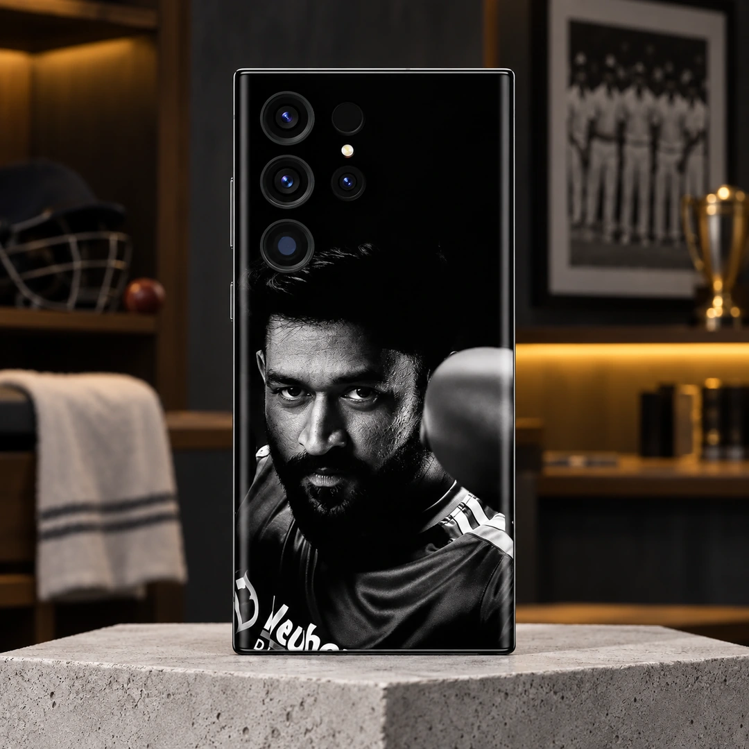 Dhoni Monochrome Photo Mobile Skin - clubhouse hero Black mobile skin with monochrome MS Dhoni portrait, clubhouse hero