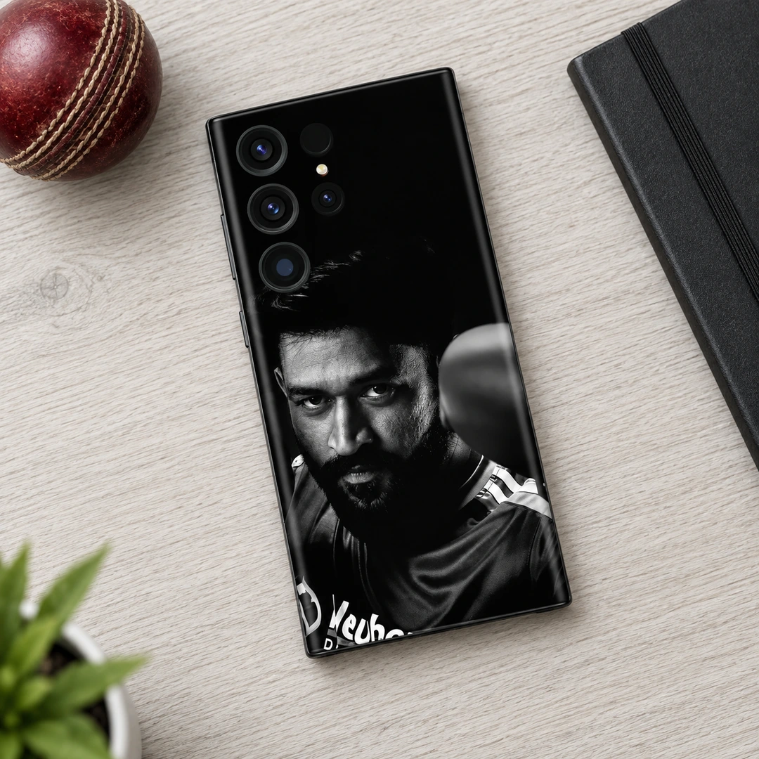 Dhoni Monochrome Photo Mobile Skin - cricket desk flat lay Black mobile skin with monochrome MS Dhoni portrait, cricket desk flat lay