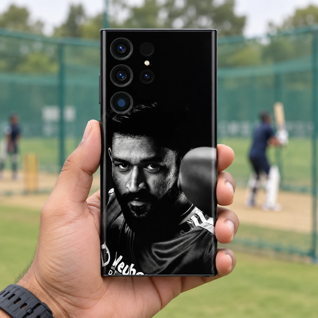 Dhoni Monochrome Photo Mobile Skin - practice-net hand-held view Black mobile skin with monochrome MS Dhoni portrait, practice-net hand-held view
