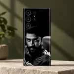 Black mobile skin with monochrome MS Dhoni portrait, olive studio view