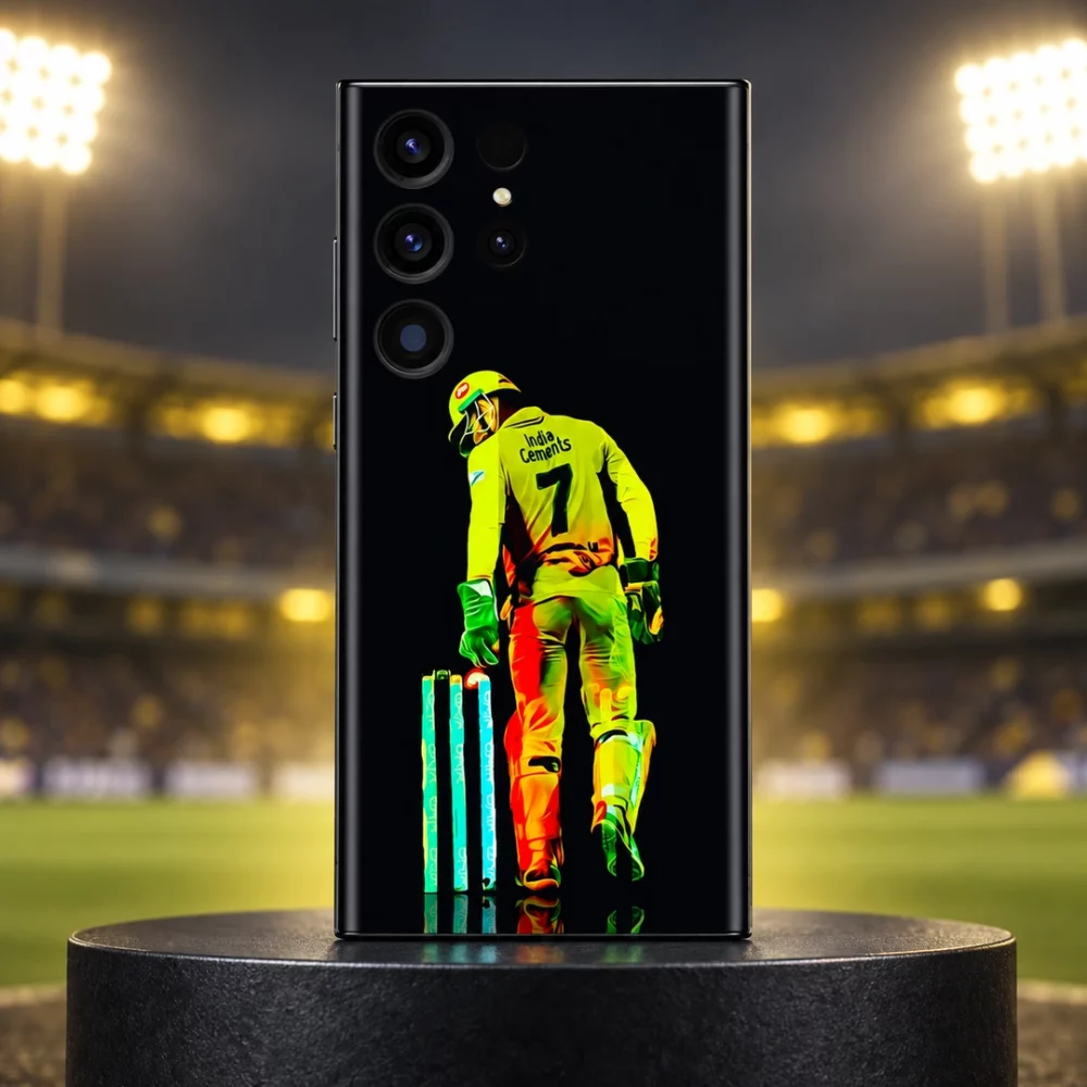 Dhoni mobile skin with yellow number 7 wicketkeeper artwork on black, stadium hero