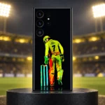Dhoni mobile skin with yellow number 7 wicketkeeper artwork on black, stadium hero