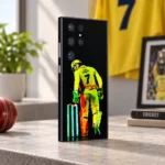 Dhoni mobile skin with yellow number 7 wicketkeeper artwork on black, cricket fan room angle