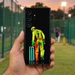 Dhoni mobile skin with yellow number 7 wicketkeeper artwork on black, practice nets hand-held view