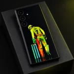 Dhoni mobile skin with yellow number 7 wicketkeeper artwork on black, graphite studio detail