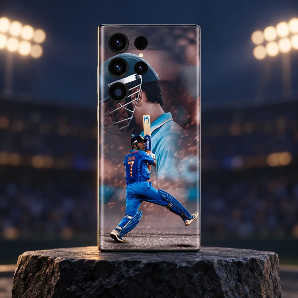 Dhoni Photo Mobile Skin with blue jersey number 7 batting design in stadium hero view