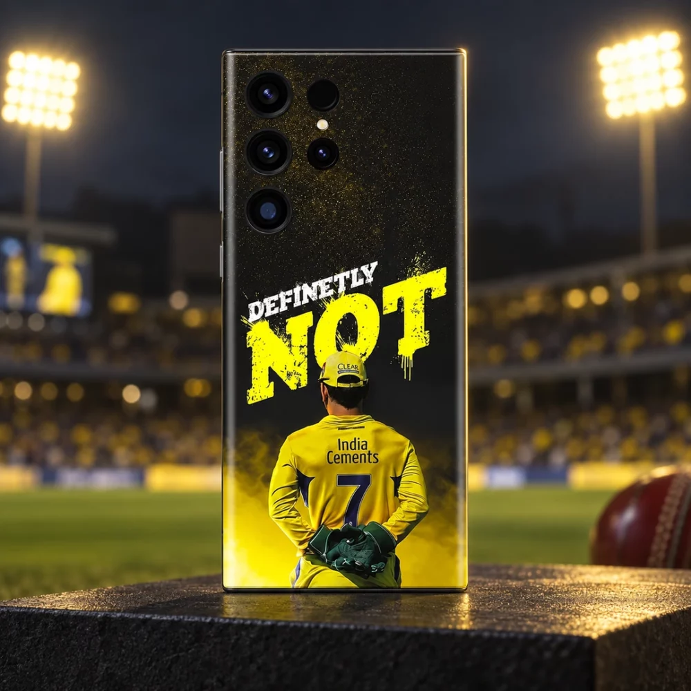 Black and yellow Dhoni Photo Mobile Skin with rear-view number 7 jersey, stadium night hero