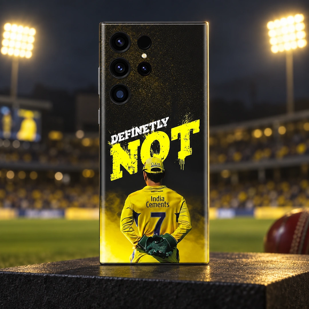 Dhoni Photo Mobile Skin – stadium night hero Black and yellow Dhoni Photo Mobile Skin with rear-view number 7 jersey, stadium night hero