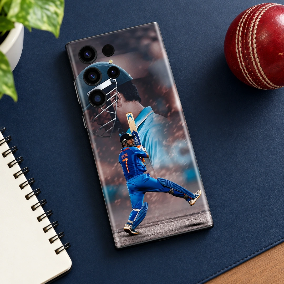 Dhoni Photo Mobile Skin – cricket desk flat lay Dhoni Photo Mobile Skin with blue jersey number 7 batting design in cricket desk flat lay view