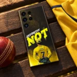 Black and yellow Dhoni Photo Mobile Skin with rear-view number 7 jersey, cricket bench flat lay