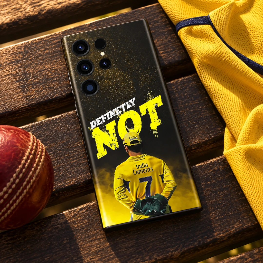 Dhoni Photo Mobile Skin – cricket bench flat lay Black and yellow Dhoni Photo Mobile Skin with rear-view number 7 jersey, cricket bench flat lay