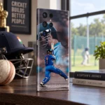 Dhoni Photo Mobile Skin with blue jersey number 7 batting design in practice-ground shelf view