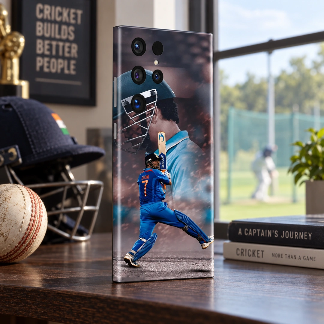 Dhoni Photo Mobile Skin – practice-ground shelf Dhoni Photo Mobile Skin with blue jersey number 7 batting design in practice-ground shelf view