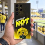 Black and yellow Dhoni Photo Mobile Skin with rear-view number 7 jersey, stadium handheld view