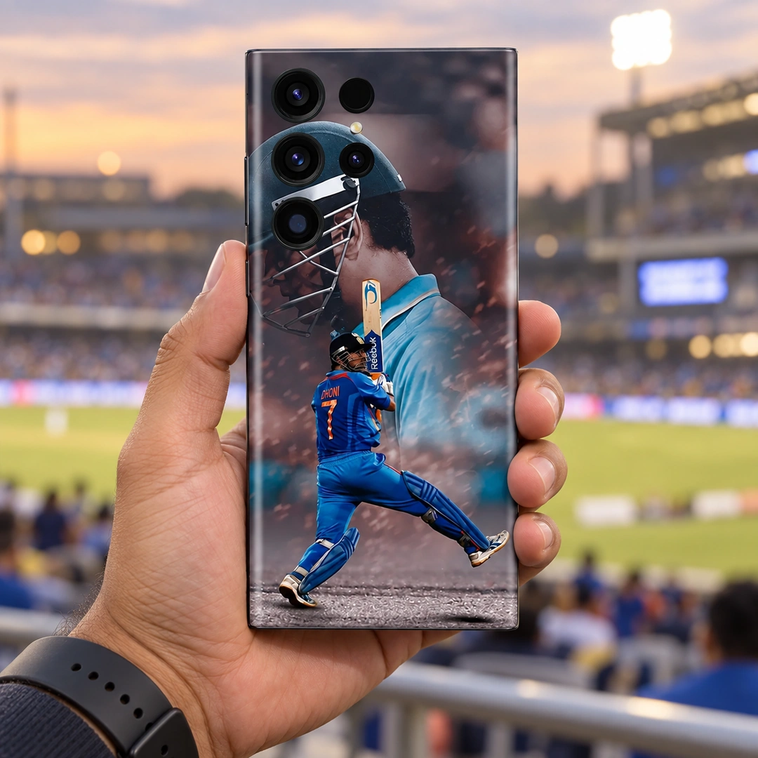 Dhoni Photo Mobile Skin – stadium handheld Dhoni Photo Mobile Skin with blue jersey number 7 batting design in stadium handheld view