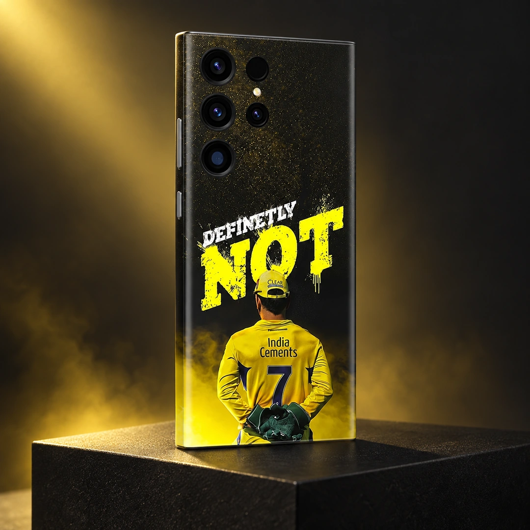 Dhoni Photo Mobile Skin – gold studio angle Black and yellow Dhoni Photo Mobile Skin with rear-view number 7 jersey, gold studio angle