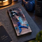 Dhoni Photo Mobile Skin with blue jersey number 7 batting design in match-night workspace view
