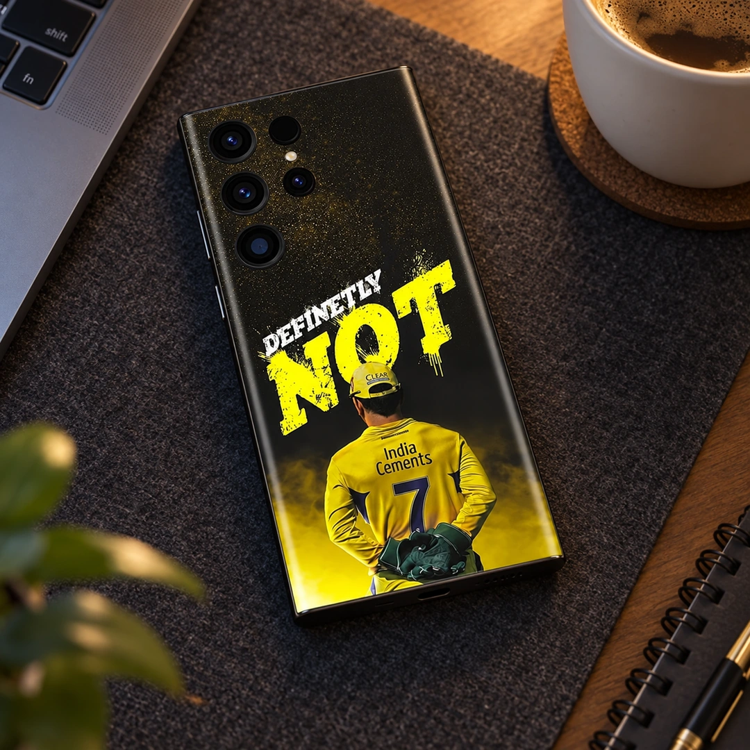 Dhoni Photo Mobile Skin – everyday desk view Black and yellow Dhoni Photo Mobile Skin with rear-view number 7 jersey, everyday desk view