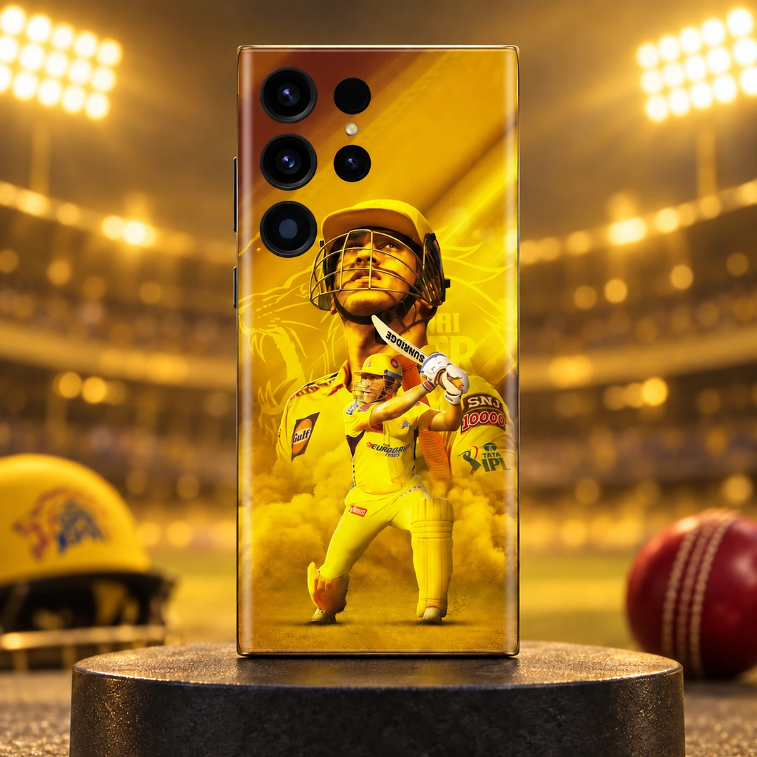 Dhoni Photo Mobile Skin - Golden Stadium Hero Dhoni Photo Mobile Skin with yellow helmet portrait and batting artwork, golden stadium hero