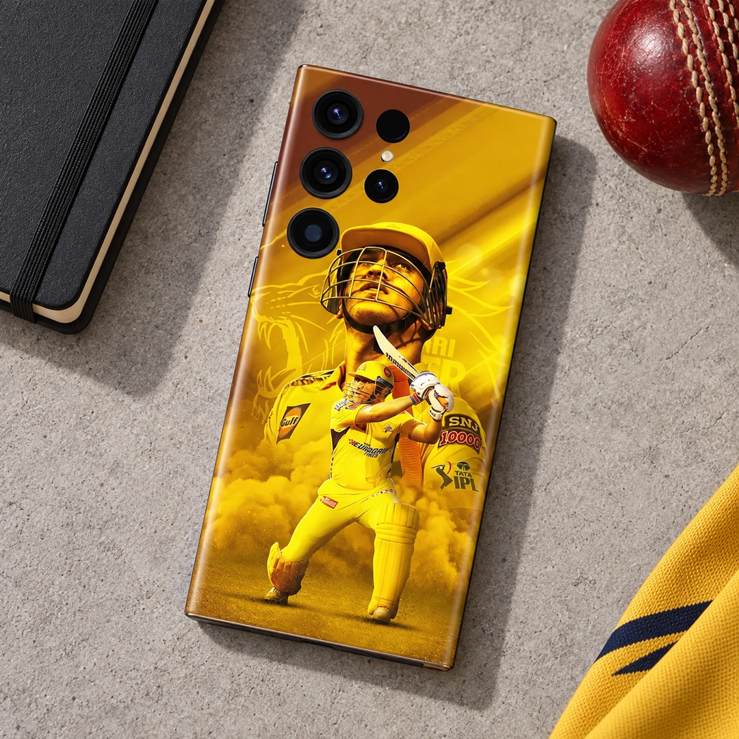 Dhoni Photo Mobile Skin - Cricket Desk Flat Lay Dhoni Photo Mobile Skin with yellow helmet portrait and batting artwork, cricket desk flat lay