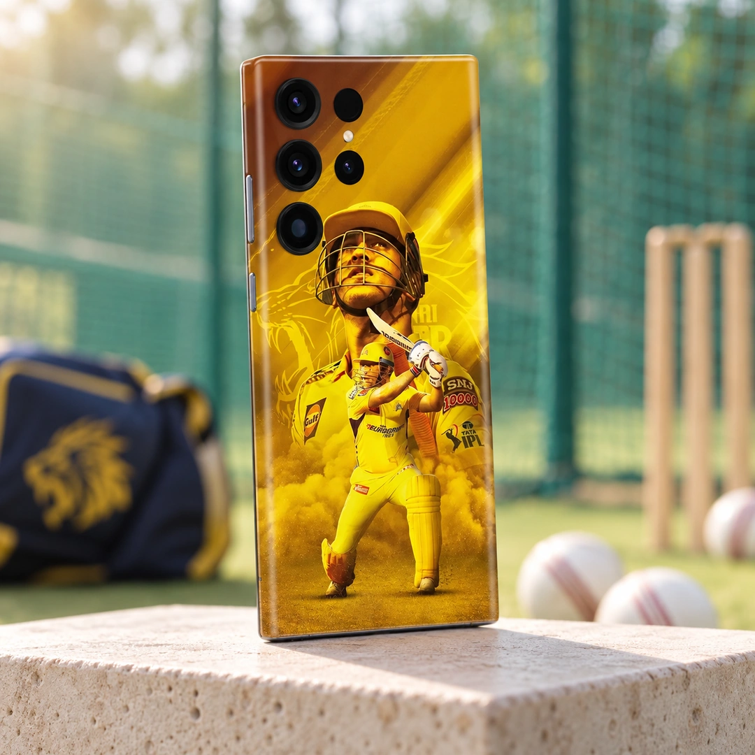 Dhoni Photo Mobile Skin - Practice Nets View Dhoni Photo Mobile Skin with yellow helmet portrait and batting artwork, practice nets view