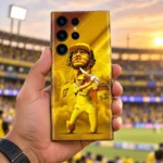 Dhoni Photo Mobile Skin with yellow helmet portrait and batting artwork, sunset stadium lifestyle