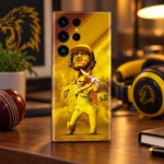 Dhoni Photo Mobile Skin with yellow helmet portrait and batting artwork, evening fan desk