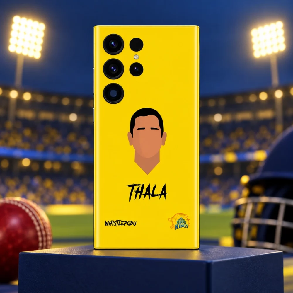Yellow Dhoni Thala mobile skin standing on a navy plinth with stadium lights behind it