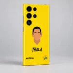 Yellow Dhoni Thala mobile skin shown at a slight rear angle against a light gray studio background