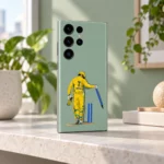 Sage green Dhoni vector mobile skin standing on a stone shelf in daylight