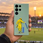 Hand holding the Dhoni number 7 mobile skin against a sunset cricket ground
