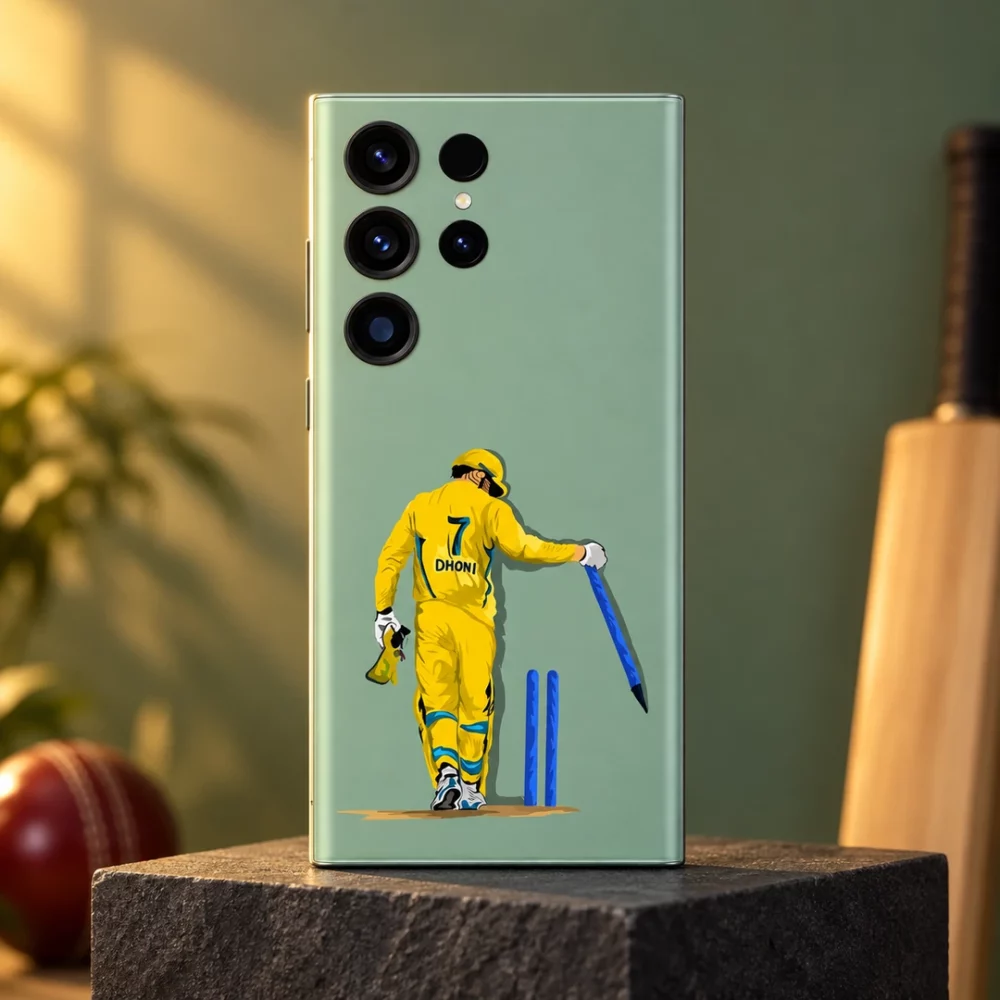Sage green Dhoni vector mobile skin with yellow jersey, number 7 and DHONI lettering on a warm studio plinth
