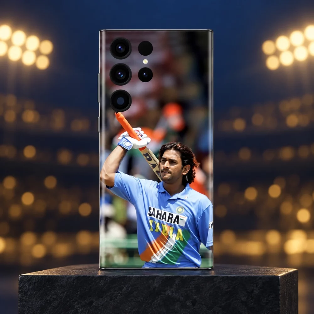 Vintage MS Dhoni photo mobile skin with classic India jersey in golden stadium hero