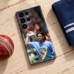 Vintage MS Dhoni photo mobile skin with classic India jersey in cricket club flat lay