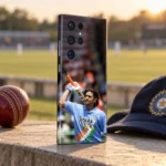 Vintage MS Dhoni photo mobile skin with classic India jersey in pavilion bench angle