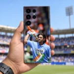 Vintage MS Dhoni photo mobile skin with classic India jersey in cricket ground handheld