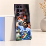 Vintage MS Dhoni photo mobile skin with classic India jersey in ivory studio portrait