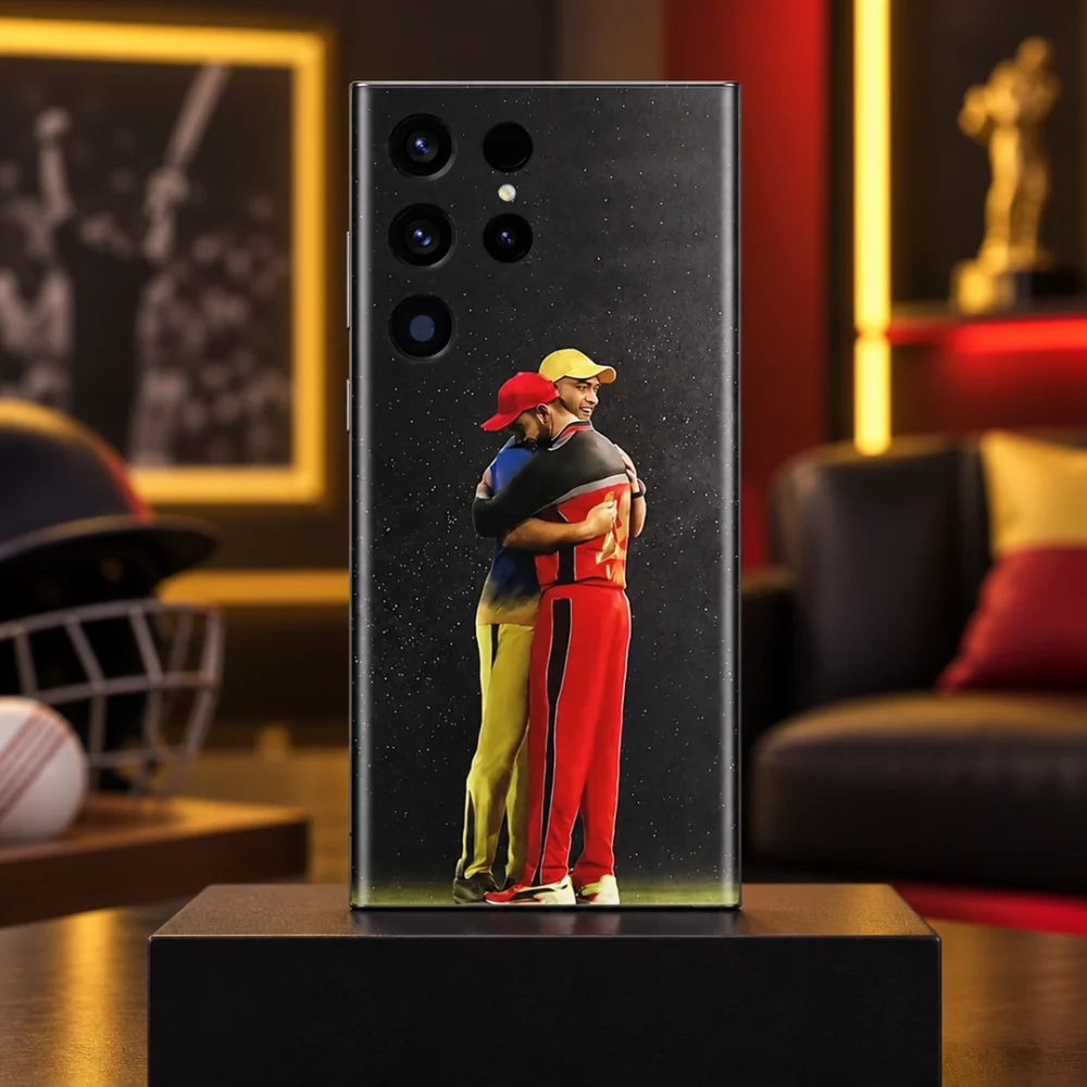 Dhoni and Virat Kohli embrace mobile skin in sports lounge hero setting