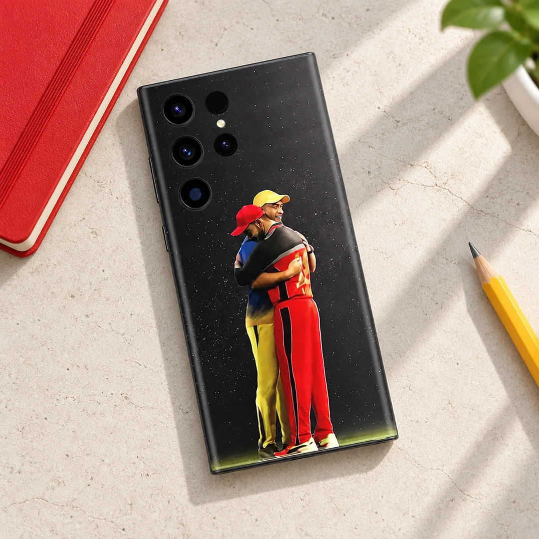 Dhoni & Virat Kohli Photo Mobile Skin – Cream desk flat lay Dhoni and Virat Kohli embrace mobile skin in cream desk flat lay setting