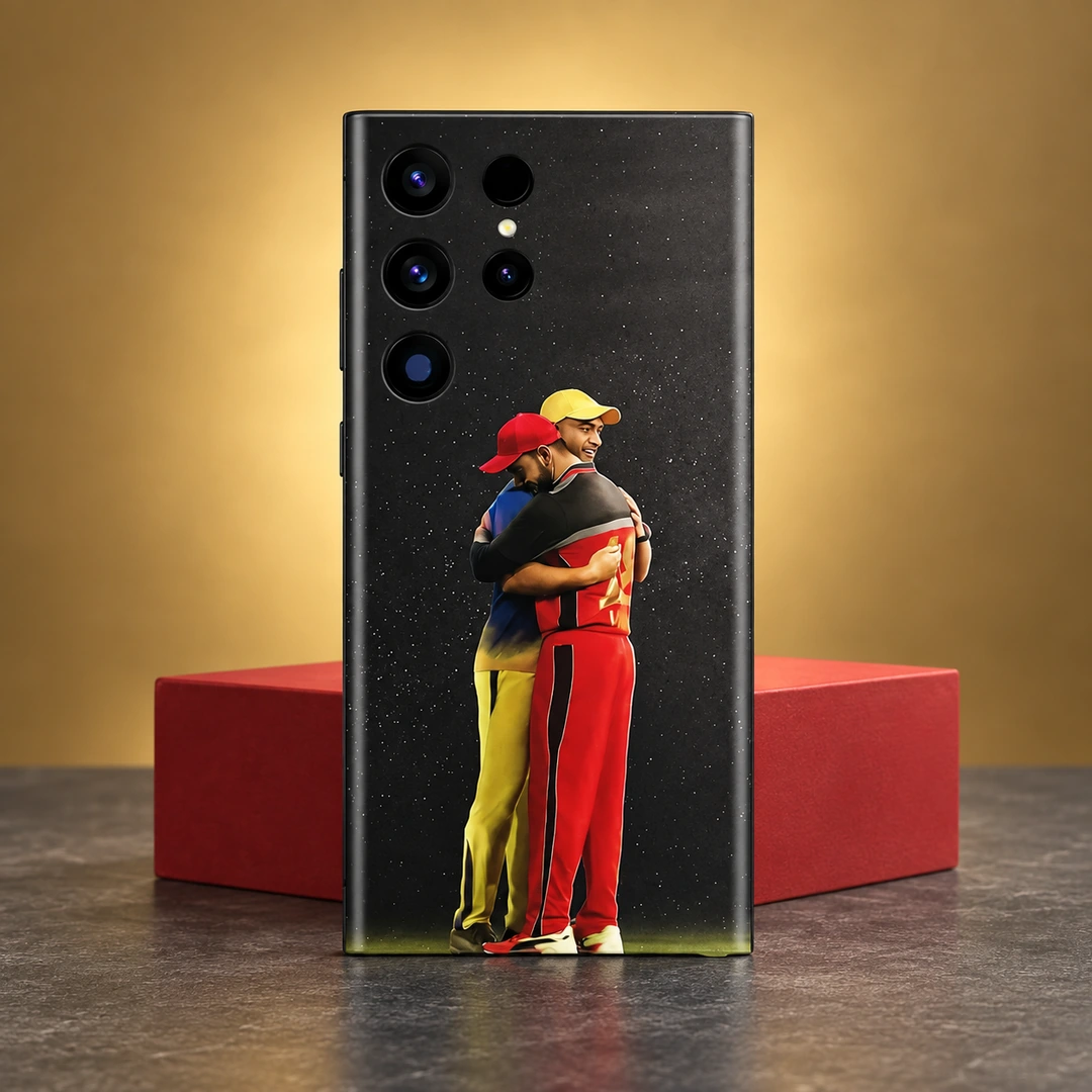 Dhoni & Virat Kohli Photo Mobile Skin – Red block studio Dhoni and Virat Kohli embrace mobile skin in red block studio setting