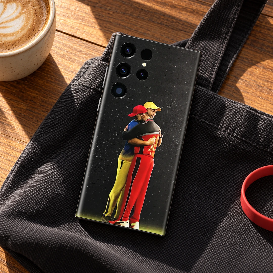 Dhoni & Virat Kohli Photo Mobile Skin – Cafe lifestyle Dhoni and Virat Kohli embrace mobile skin in cafe lifestyle setting