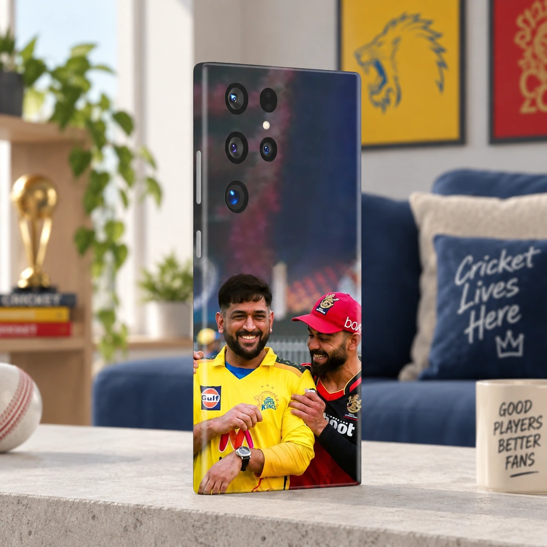 Dhoni and Virat Kohli Photo Mobile Skin - Fan apartment angle Dhoni and Virat Kohli smiling in yellow and red cricket jerseys on a mobile skin, fan apartment angle